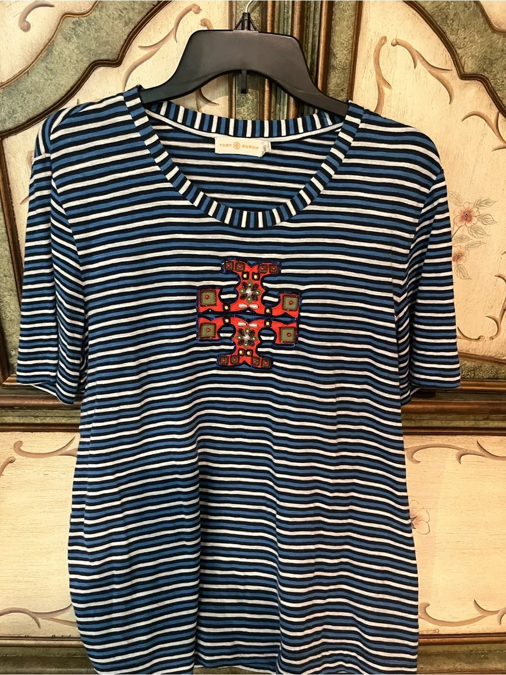 Tory Burch Navy & White Striped Short-Sleeve Tee with Embroidered Logo Patch